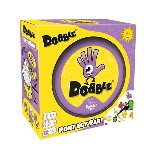 Dobble kártyajáték magyar kiadás doboz, egy pörgős párosító játék családi játék estekre 