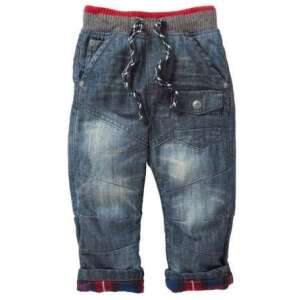 Blugi pentru băieți mici, de culoare albastră, cu căptușeală roșie și neagră în carouri, talie elastică și șnur - Next