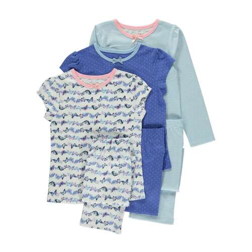 Set de pijama pentru fete, 3 piese, imprimeu cu fluturi, bluze cu mâneci lungi și scurte, pantaloni lungi și scurți, 7 ani, 122 cm