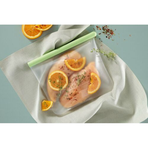 Lekue 1010206 tároló és fagyasztó tasak, 21,5x18,5 cm, 1 l, Platina szilikon, -20°C/+80°C, Zöld