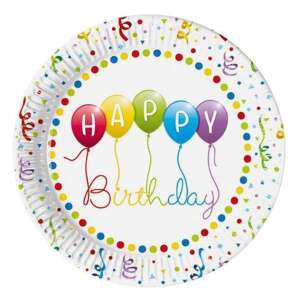 Чинии за парти Happy Birthday, 8 броя, 23 см, за еднократна употреба, хартиени чинии, дизайн с цветни балони - Реквизит за партита
