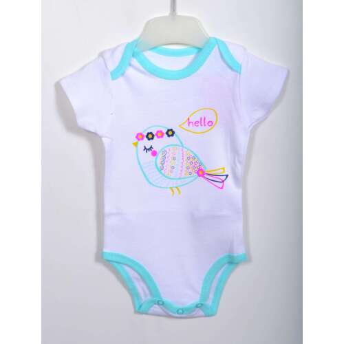 Biały body dla niemowląt z nadrukiem niebieskiego ptaka i napisem 'hello'
