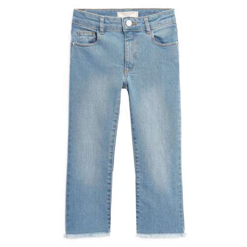 Blugi denim albastru deschis pentru fete, picior drept, cu franjuri la tiv, 7 ani (122 cm)