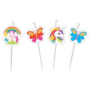4er Set Geburtstagskerzen mit Einhorn, Schmetterling, Schloss und Regenbogen Design - Geburtstagskerzen und Tortenverzierungen