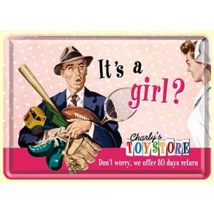 Retro style greeting card with a man holding sports equipment and the text "It's a girl?"  - Greeting Card, Invitation