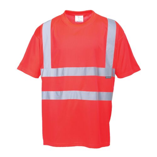 Hi-Vis piros póló fényvisszaverő csíkokkal a jobb láthatóság és biztonság érdekében munkavégzés közben. - Munkás póló