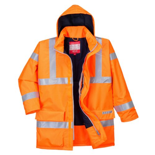 Portwest Bizflame Rain Hi-Vis antisztatikus FR kabát, narancs színben, lángmentes, lélegző és vízálló védelemmel - Láthatósági ruházat