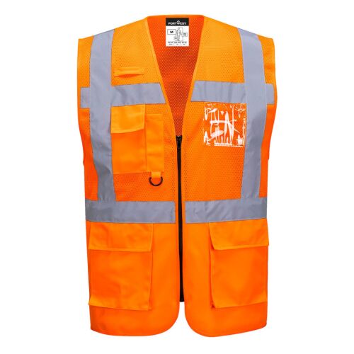 Portwest Madrid narancssárga hálós jól láthatósági mellény, 6XL méret, fényvisszaverő csíkokkal, lélegző munkaruha építkezéshez és forgalomirányításhoz - Láthatósági ruházat
