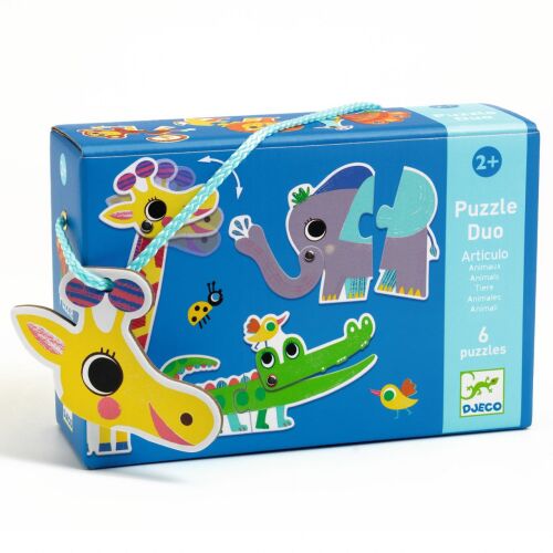 A Djeco Puzzle duo Articulo Animo kék dobozban, állatképekkel csomagolva - Baba puzzle