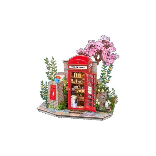 Rolife Blossom Book Booth 3D Puzzle, miniatűr könyvesbolt piros telefonfülkével - 3D puzzle