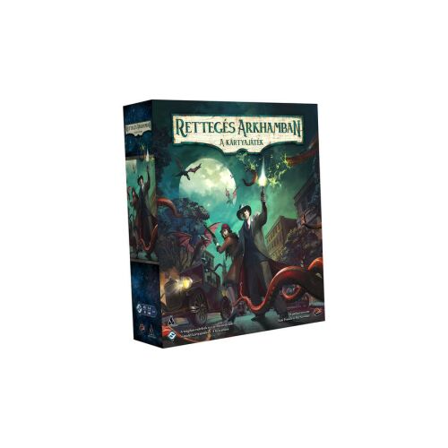 Rettegés Arkhamban: A kártyajáték (2026-os kiadás) dobozborító, egy kooperatív, folyamatosan bővülő kártyajáték, mely H.P. Lovecraft Arkham Files világában játszódik. 