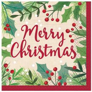 Servetele de Crăciun, 16 bucăți, 33x33 cm, design festiv cu vâsc și fructe de pădure - Șervețele