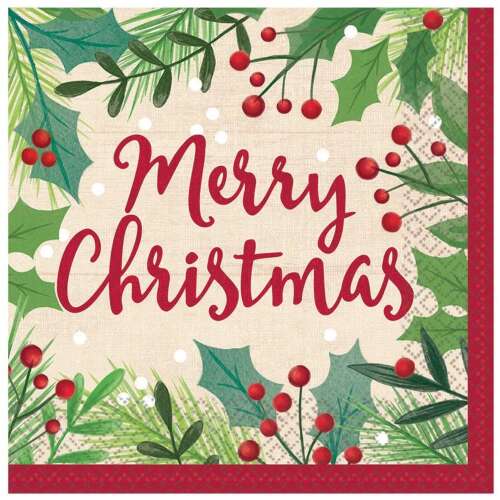 Serwetki świąteczne, 16 sztuk, 33x33 cm, świąteczny wzór z ostrokrzewem i jagodami