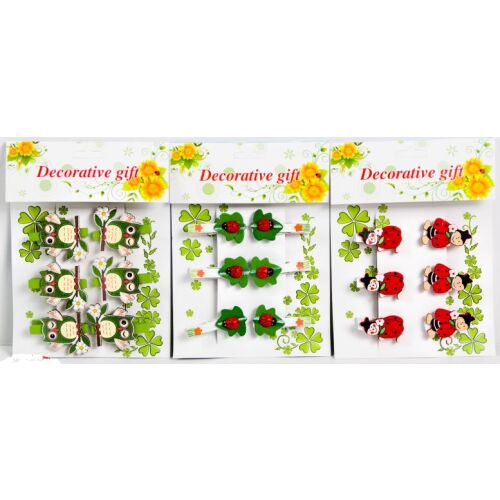 Fa díszek klipszre rögzítve 4,5 cm 6 db, fa dekorációs csipeszek bagoly, katicabogár és méhecske mintával - Dekorcsipesz