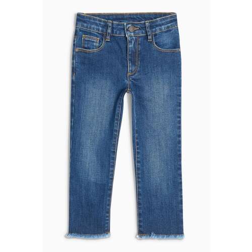 Svetlomodré džínsy pre dievčatá, s rozstrapkaným lemom, rovné nohavice, veľkosť 7 rokov (122 cm)