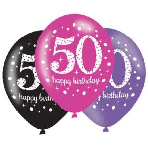 Baloane Happy Birthday de 50 de ani, pachet de 6, roz, negru, violet, baloane din latex cu sclipici alb și puncte - Baloane