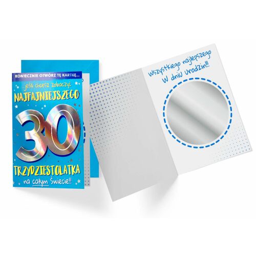 Álmkártyák 30. születésnapi tükrös kártya, nyitott állapotban látható a kártya designja és a tükör belül - Meghívó és képeslap