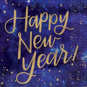 Servítky Happy New Year, 16 kusov, 25x25 cm, modrý a zlatý dizajn - Servítky