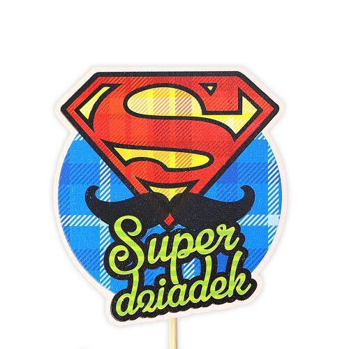 Darabos szuper nagypapa tortadísz, vicces dekoráció apák napjára vagy nagypapa születésnapi tortájára superman logóval és bajusszal. - Születésnapi gyertya és tortadísz