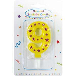 Żółta świeczka urodzinowa z numerem 9 z fioletowymi gwiazdkami, świeczka urodzinowa z cyfrą - Świeczka urodzinowa i ozdoba tortu