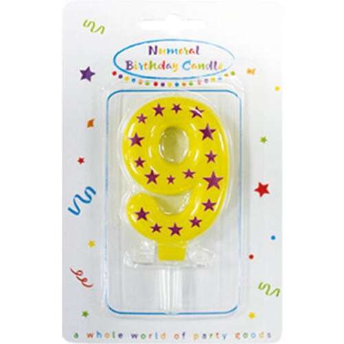 Sárga szám 9 születésnapi gyertya lila csillagokkal, szám gyertya