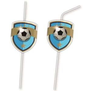 Set mit 6 Trinkhalmen mit Fußball-Motiv, mit einem blauen und goldenen Schild mit einem Fußball - Strohhalme