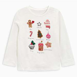 Tricou alb cu mânecă lungă de Crăciun cu ornamente de Crăciun brodate - Next