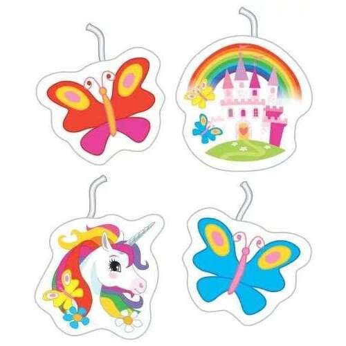 Set de 4 lumânări de tort de ziua de naștere, cu unicorn, castel și doi fluturi