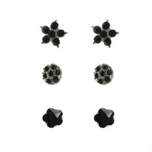 Set mit 3 Paaren schwarzen Ohrsteckern mit Blumen- und Runddesign - Damen-Accessoires