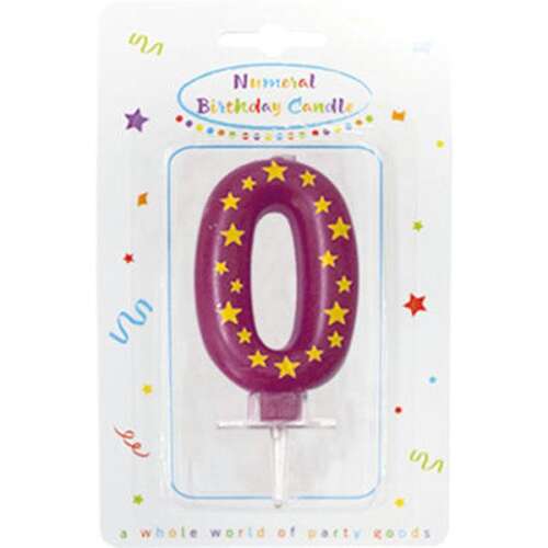 Lilafarbene Zahl 0 Geburtstagskerze mit gelben Sternen, Zifferkerze