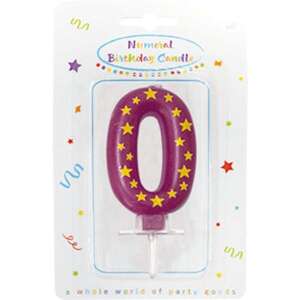 Лилава свещ за рожден ден с номер 0 с жълти звезди, цифрова свещ - Реквизит за партита