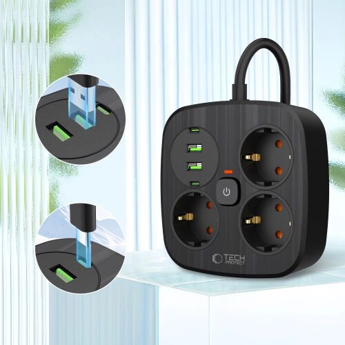 Tech-Protect PCS3X4 elosztó, 3 aljzat, 2xUSB-A, 2xUSB-C 200 cm - fekete 162062723 - Elosztó