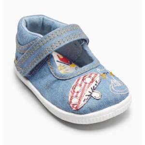 Blaue Denim-Babyschuhe mit Pilz- und Katzen-Stickerei, weiche Sohle, Größe UK2 (EUR18) - Schuhe mit weichen Sohlen, Schuhe für den Kinderwagen