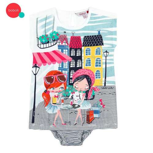 boboli Sommerkleid für kleine Mädchen mit passendem Unterwäsche, 9-12 Monate (80 cm), weiß mit farbenfrohem Stadtprint