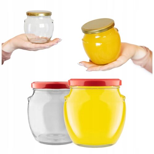 Amfora üveg 520 ml különböző fedőszínekkel és mézes töltelékekkel, ideális befőzéshez és tartósításhoz - Befőttesüveg