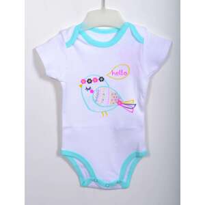 Weißer Baby-Body mit einem niedlichen blauen Vogel mit einer Blumenkrone und dem Wort 'Hallo' - E plus M