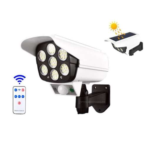 Biztonsági kamera alakú mozgásérzékelős napelemes LED lámpa, álkamera távirányítóval 74206668