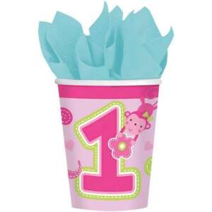 8 balíkov 266 ml ružových papierových pohárov s opicou a číslom 1 na prvú narodeninovú párty - Jednorazové poháre