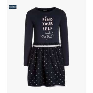 Rochie pentru fete Blue Seven cu fustă din tul, bleumarin cu buline argintii cu sclipici, mâneci lungi, inscripție 'Find your self', 18-24 luni - Bebeluși și copii mici