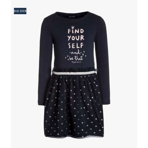 Rochie pentru fete Blue Seven cu fustă din tul, bleumarin cu buline argintii cu sclipici, mâneci lungi, inscripție 'Find your self', 18-24 luni