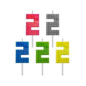 Комплект от 5 свещи за рожден ден с форма на Lego блок с номер 2 в цветовете червено, сиво, синьо, зелено и жълто - Реквизит за партита