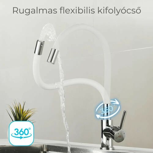 Corin fehér konyhai csaptelep flexibilis kifolyóval használat közben, 360 fokos forgatás - Fürdőszobai kiegészítő