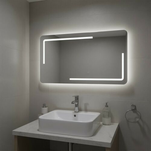 Leziter Ada 120 LED fürdőszobai tükör páramentesítő funkcióval és érintőszenzorral, megvilágítva egy modern fürdőszobai környezetben. - Fürdőszobatükör