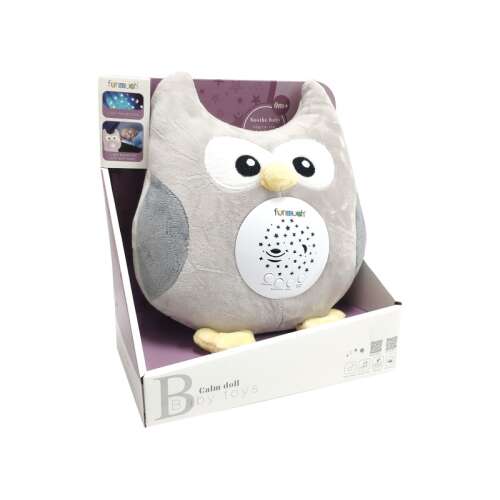 Fun4me Soft Baby Toys Calm Owl Muzicală Lampă de Noapte Proiector, bufniță gri de pluș cu lumină și sunet, pentru bebeluși și copii mici