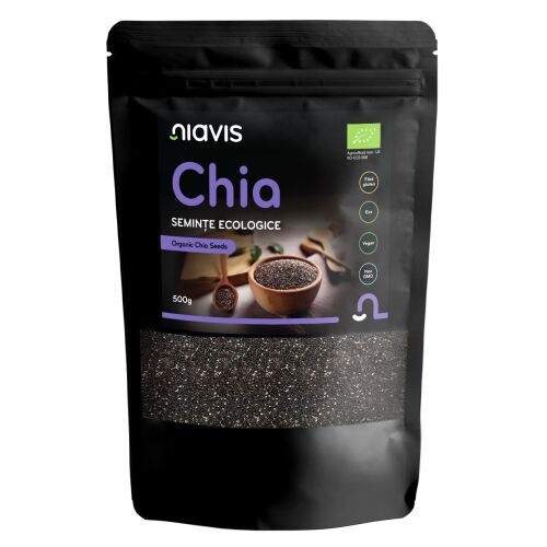 Niavis Bio chia mag 500g fekete csomagolásban. Bio chia mag, magas omega-3, rost és fehérje tartalommal. - Olajos mag