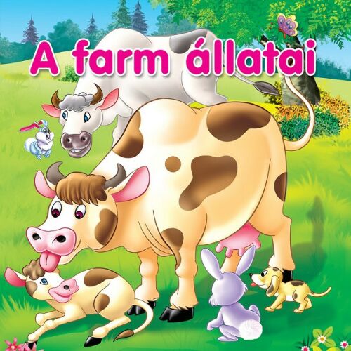 A farm állatai gyermekkönyv borítója tehenekkel, nyúl és kutya illusztrációkkal - Könyv