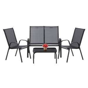 GardenLine Fémvázas kerti bútor szett - Dohányzóasztal + Pad + 2 db szék - Fekete 44399115 