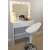 White dressing table with mirror and lights, showing the table and a chair