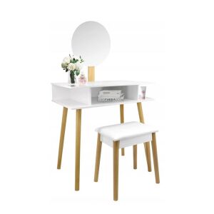 Retro Vanity Table with Round Mirror and Chair 137280259 - Dressing Table
