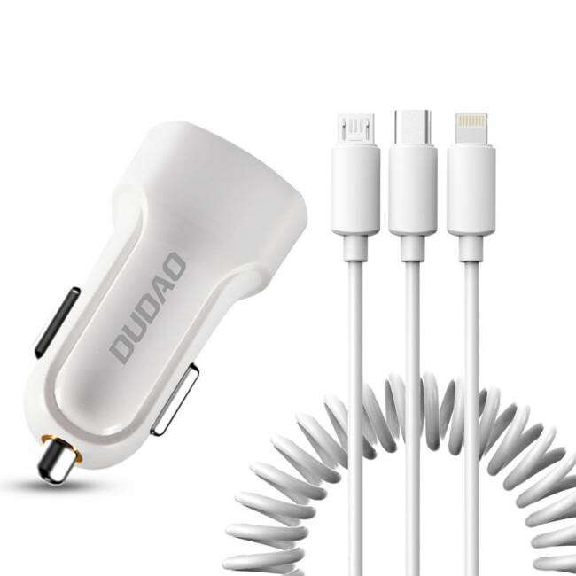 Ładowarka samochodowa Dudao z 2 portami, 2,4 A, 3 w 1 USB na Lightning, USB-C, kabel Micro USB, biała